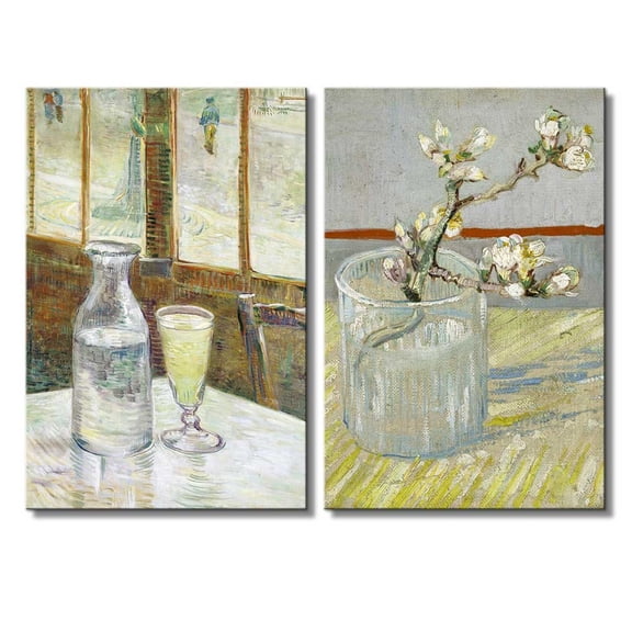wall26 - Sprig of Flowering Almond in a Glass/Cafe Table With Absinthe by Vincent Van Gogh - Oil Painting Reproduction in Set of 2 | Canvas Prints Wall Art, Ready to Hang - 16" x 24" x 2 Pa