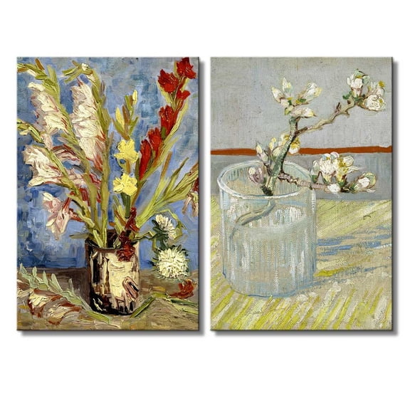 wall26 - Sprig of Flowering Almond in a Glass/Vase with Gladioli and China Asters by Vincent Van Gogh - Oil Painting Reproduction in Set of 2-16" x 24" x 2 Panels