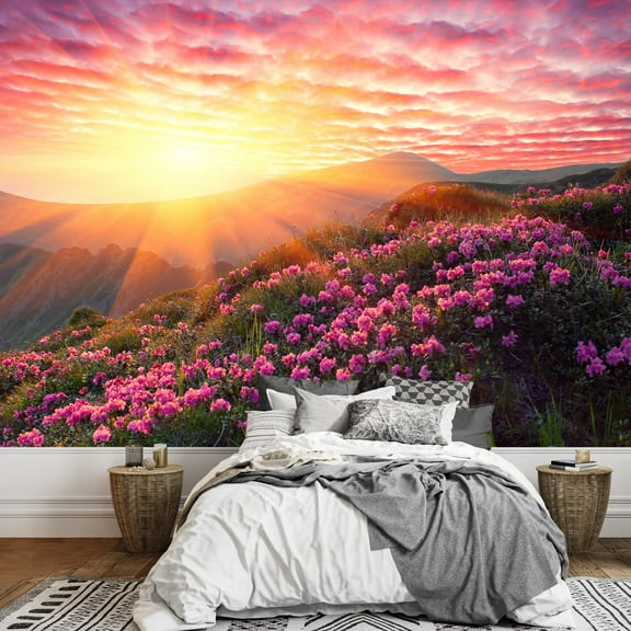 wall26 - Spring Landscape in Mountains with Flower of a Rhododendron and The Sky with Cloud - Removable Wall Mural | Self-Adhesive Large Wallpaper - 100x144 inches