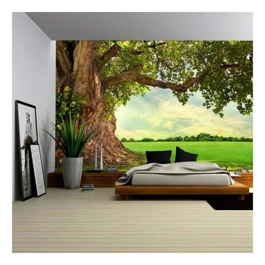 wall26 - Spring Meadow with Big Tree with Fresh Green Leaves - Removable Wall Mural | Self-Adhesive Large Wallpaper - 100x144 inches