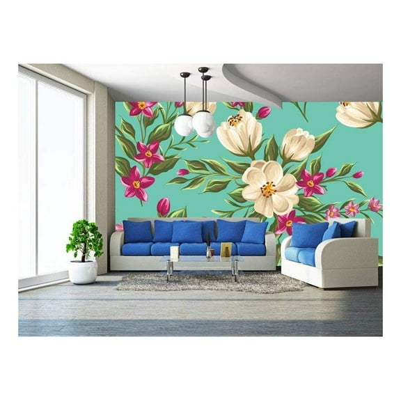 wall26 - Spring Seamless Pattern with Bright Flowers - Removable Wall Mural | Self-Adhesive Large Wallpaper - 66x96 inches