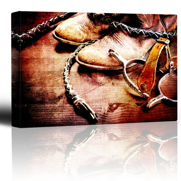 wall26 - Spurs Boots and Braids - Wood Grain Rustic Artwork - Cowboy Boots and Riding Spurs Braided Leather - Canvas Art Home Art - 12x18 inches