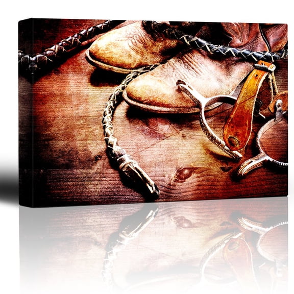 wall26 - Spurs Boots and Braids - Wood Grain Rustic Artwork - Cowboy Boots and Riding Spurs Braided Leather - Canvas Art Home Art - 24x36 inches