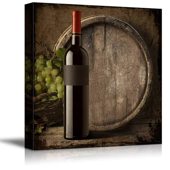 wall26 - Square Canvas Wall Art - Country Style Wine Bottle with Grapes and Wooden Barrel - Giclee Print Gallery Wrap Modern Home Art Ready to Hang - 12x12 inches