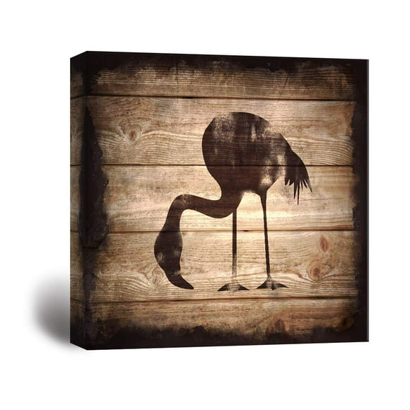 wall26 - Square Canvas Wall Art - Flamingo Silhouette on Rustic Wood Board Texture Background - Giclee Print Gallery Wrap Modern Home Art Ready to Hang - 16x16 inches
