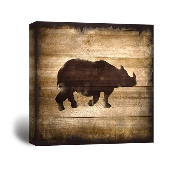 wall26 - Square Canvas Wall Art - Rhino Silhouette on Rustic Wood Board Texture Background - Giclee Print Gallery Wrap Modern Home Art Ready to Hang - 12x12 inches