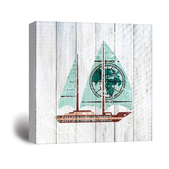 wall26 - Square Canvas Wall Art - Rustic Sailing Themed Yacht on Wood Background - Giclee Print Gallery Wrap Modern Home Art Ready to Hang - 12x12 inches