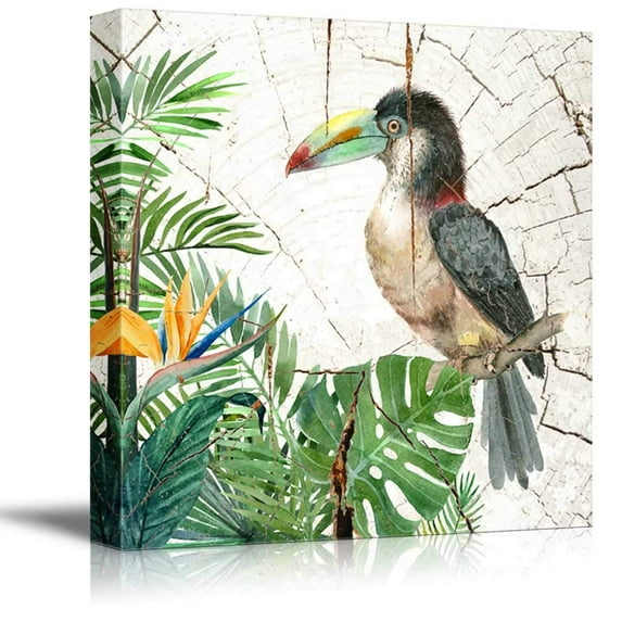 wall26 - Square Canvas Wall Art - Toucan with Tropical Green Leaveson Vintage Wood Effect Background - Giclee Print Gallery Wrap Modern Home Art Ready to Hang - 16x16 inches
