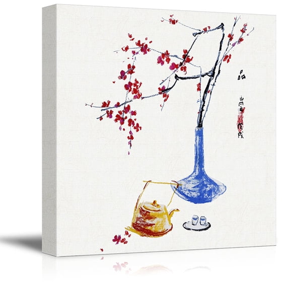 wall26 - Square Canvas Wall Art - Watercolor Style Chinese Painting of Red Plum Blossom and Teapots - Giclee Print Gallery Wrap Modern Home Art Ready to Hang - 24x24 inches