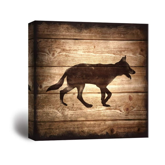wall26 - Square Canvas Wall Art - Wolf Silhouette on Rustic Wood Board Texture Background - Giclee Print Gallery Wrap Modern Home Art Ready to Hang - 12x12 inches