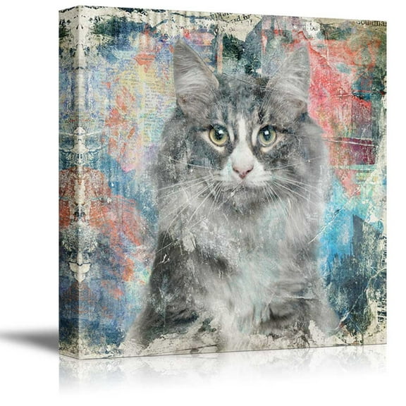 wall26 Square Cat Series Canvas Wall Art - A Cat with Colorful Grunge Background - Giclee Print Gallery Wrap Modern Home Art Ready to Hang - 12x12 inches