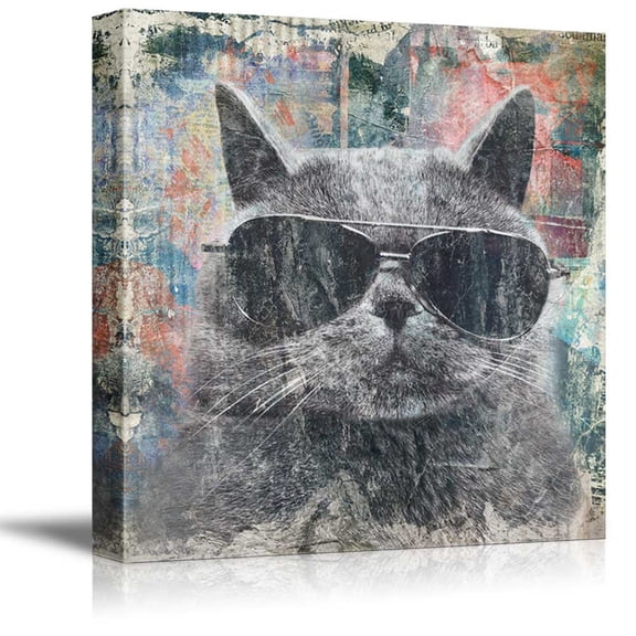 wall26 Square Cat Series Canvas Wall Art - Cool Cat with Black Sunglasses on Colorful Background - Giclee Print Gallery Wrap Modern Home Art Ready to Hang - 12x12 inches
