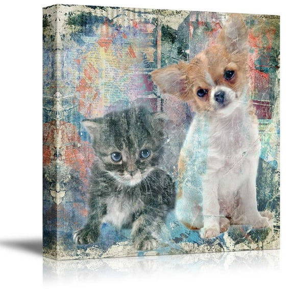 wall26 Square Cat Series Canvas Wall Art - A Kitty and a Dog on Colorful Background - Giclee Print Gallery Wrap Modern Home Art Ready to Hang - 16x16 inches