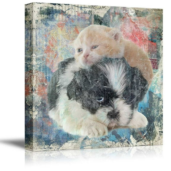 wall26 Square Cat Series Canvas Wall Art - A Little Kitty and a Dog on Colorful Grunge Background - Giclee Print Gallery Wrap Modern Home Art Ready to Hang - 12x12 inches