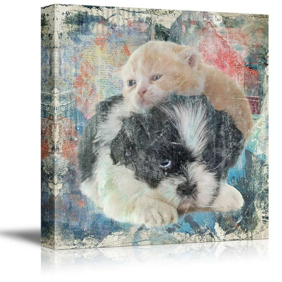 wall26 Square Cat Series Canvas Wall Art - A Little Kitty and a Dog on Colorful Grunge Background - Giclee Print Gallery Wrap Modern Home Art Ready to Hang - 24x24 inches
