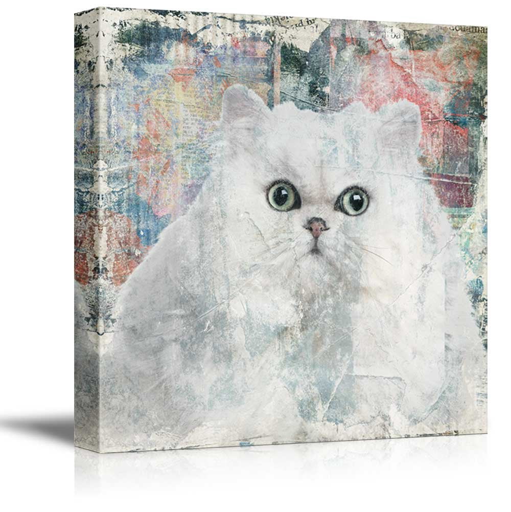 wall26 Square Cat Series Canvas Wall Art - A White Cat on Grunge ...