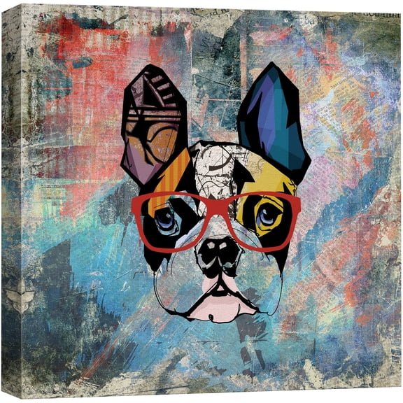 wall26 Square Dog Series Canvas Wall Art - Colorful Painting of a Dog with Glasses with Grunge Background - Giclee Print Gallery Wrap Modern Home Art Ready to Hang - 12x12 inches