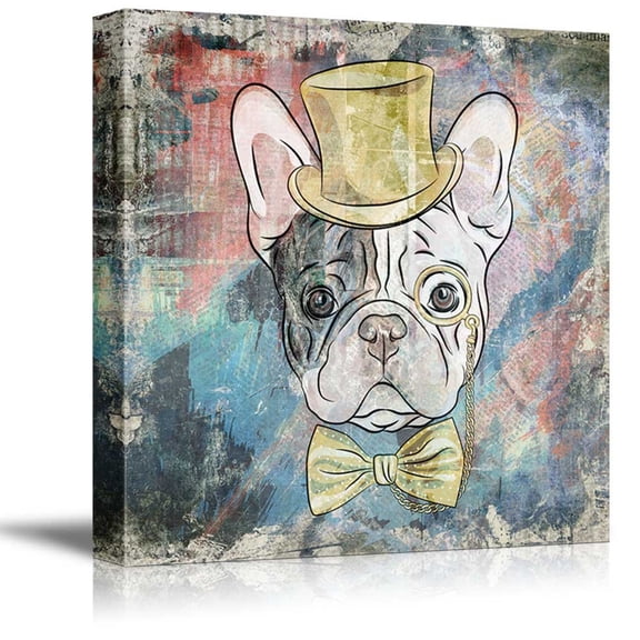 wall26 Square Dog Series Canvas Wall Art - Vintage Style Colorful Painting of a Pug with Glasses and a Hat - Giclee Print Gallery Wrap Modern Home Art Ready to Hang - 24x24 inches
