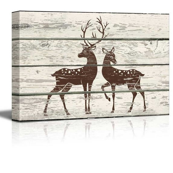 wall26 - Stag and Doe in Block Print Artwork - Rustic Canvas Wall Art Home Art - 32x48 inches