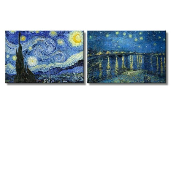 wall26 Starry Night & Over The Rhone River Canvas Prints Set of 2 - Reproduction of Van Gogh/Ready to Hang - 16" x 24" x 2 Panels
