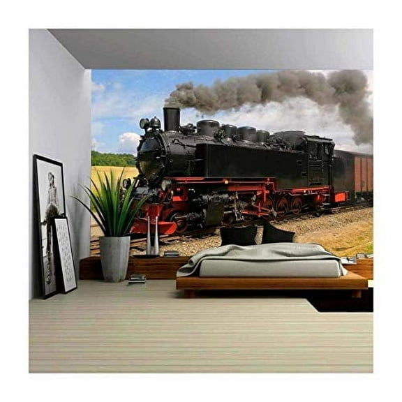 wall26 - Steam Train with Black Smoke Running on Island Rugen, Northern Germany - Removable Wall Mural | Self-Adhesive Large Wallpaper - 66x96 inches