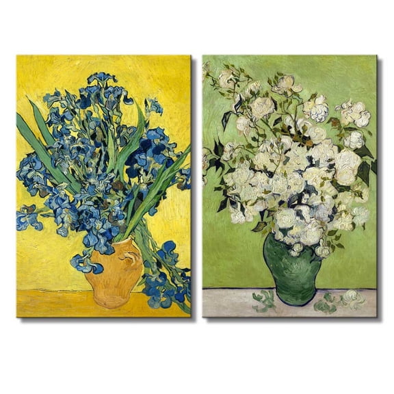 wall26 - Still Life: Vase with Pink Roses/Irises by Vincent Van Gogh - Oil Painting Reproduction in Set of 2 | Canvas Prints Wall Art, Ready to Hang - 16" x 24" x 2 Panels