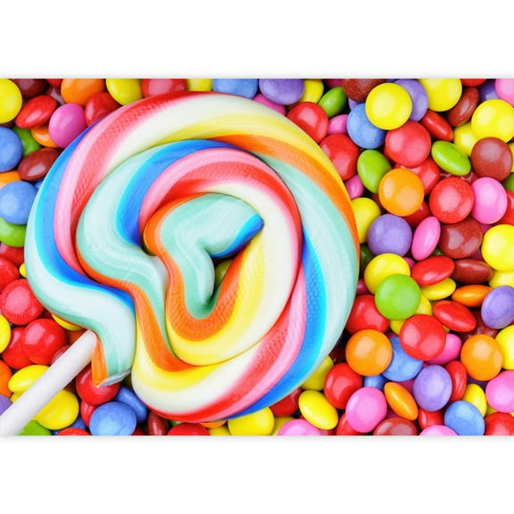 wall26 - Striped Lollipop and Multicolored Smarties - Removable Wall Mural | Self-Adhesive Large Wallpaper - 100x144 inches
