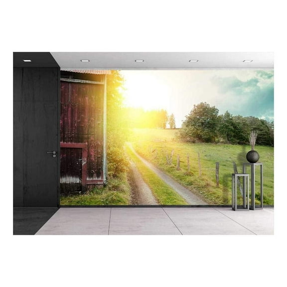 wall26 - Summer Landscape with Old Barn and Country Road at Sunset - Removable Wall Mural | Self-Adhesive Large Wallpaper - 100x144 inches