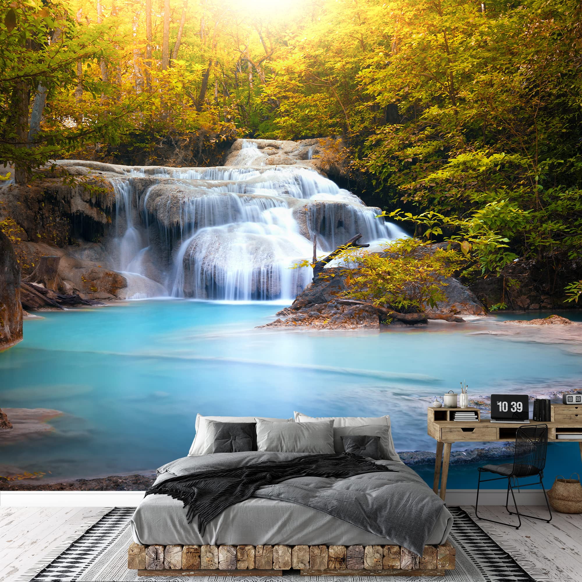 wall26 - Sunlight Through Tree Leaves Lights Beautiful Waterfall in Forest  - Removable Wall Mural | Self-Adhesive Large Wallpaper - 100x144 inches -  Walmart Business Supplies, image size:2000x2000