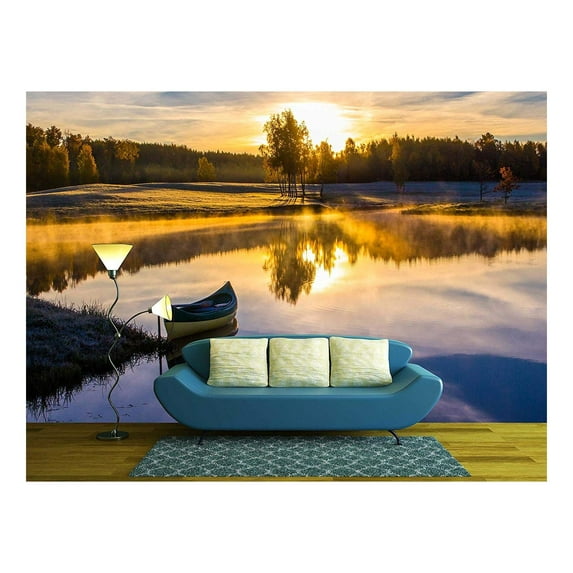 wall26 - Sunrise Over The Lake with a Boat - Removable Wall Mural | Self-Adhesive Large Wallpaper - 100x144 inches