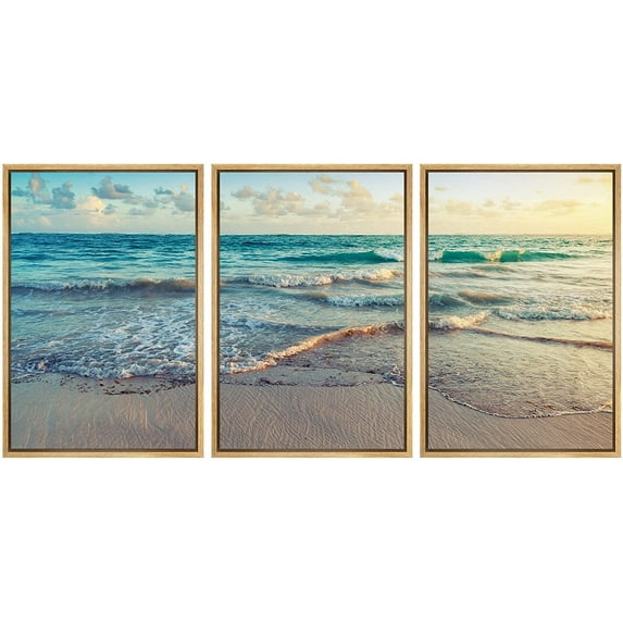 wall26 - Sunrise on Atlantic Ocean - Framed Canvas Art Wall Art - 16"x24"x3 Natural