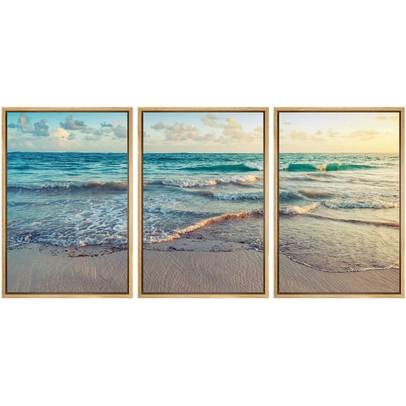 wall26 - Sunrise on Atlantic Ocean - Framed Canvas Art Wall Art - 16"x24"x3 Natural