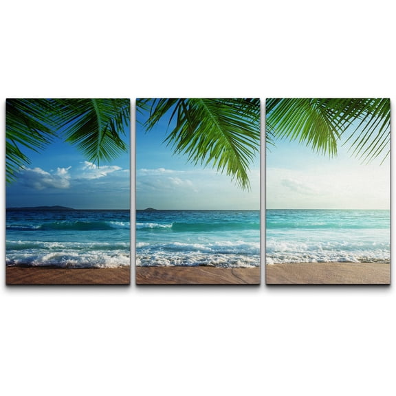 wall26 - Sunset on Seychelles Beach - Canvas Art Wall Art - 16"x24"x3 Panels