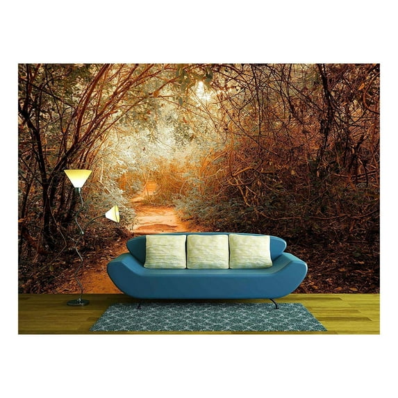 wall26 - Surreal Colors of Fantasy Landscape at Tropical Jungle Forest with Tunnel and Path Way Through Lush - Removable Wall Mural | Self-Adhesive Large Wallpaper - 100x144 inches