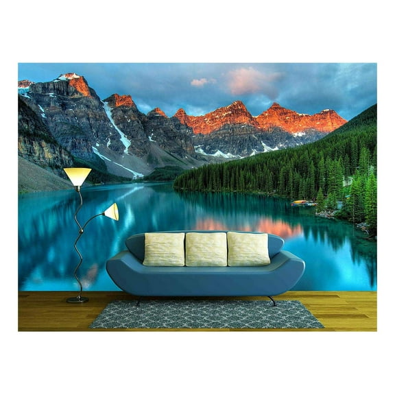 wall26 - Taken at The Peak of Color During The Morning Sunrise at Moraine Lake in Banff National Park - Removable Wall Mural | Self-Adhesive Large Wallpaper - 100x144 inches