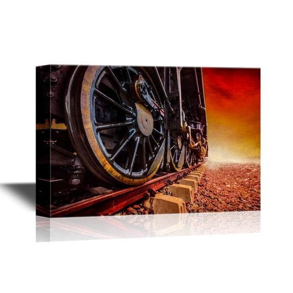 wall26 - Tank Engine Canvas Wall Art - Train Wheels on The Railway at Sunset - Gallery Wrap Modern Home Art | Ready to Hang - 24x36 inches