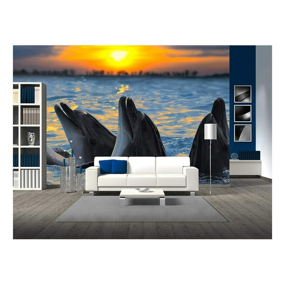 wall26 - The Bottle-Nosed Dolphins in Sunset Light - Removable Wall Mural | Self-Adhesive Large Wallpaper - 100x144 inches