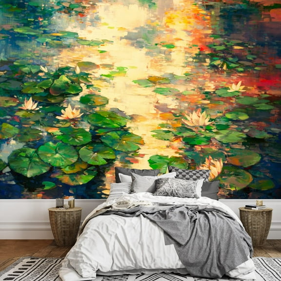 wall26 - The Oil Painting of Lotus Pool - Removable Wall Mural | Self-Adhesive Large Wallpaper - 66x96 inches