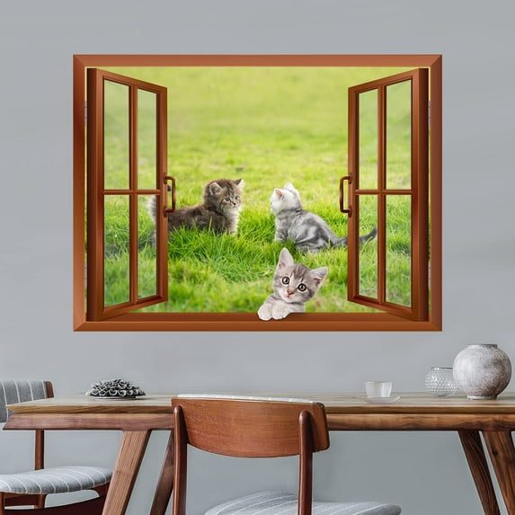 wall26 - Three Little Kittens Playing on The Grass Outside of an Open Window | Removable Wall Sticker/Wall Mural - 24"x32"