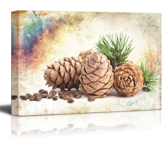 wall26 Three Pine Cones Placed on a Vintage Background - Canvas Art Home Art - 32x48 inches