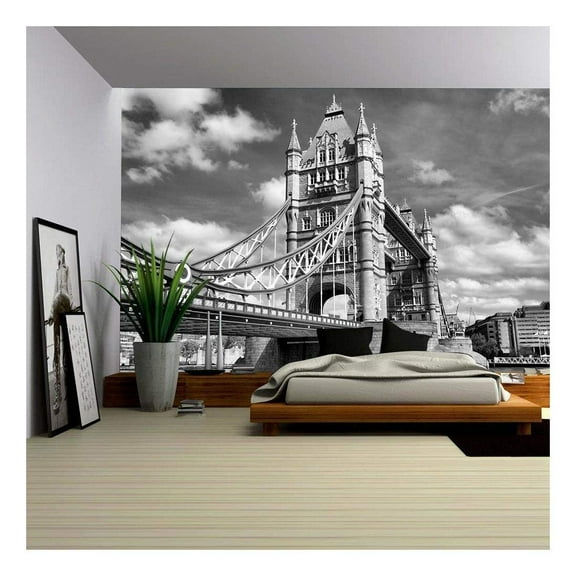 wall26 - Tower Bridge on River Thames, London, UK - High Dynamic Range HDR - Black and White - Removable Wall Mural | Self-Adhesive Large Wallpaper - 66x96 inches