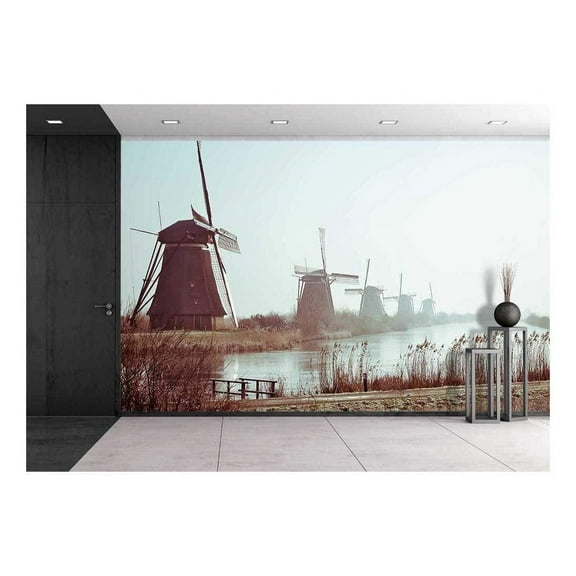 wall26 - Traditional Dutch Windmills in Winter at Kinderdijk, Netherlands - Removable Wall Mural | Self-Adhesive Large Wallpaper - 100x144 inches