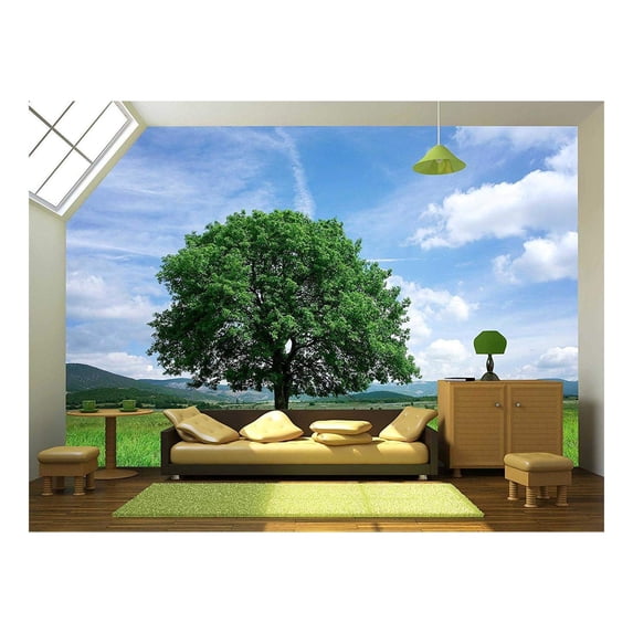 wall26 - Tree on Green Field - Removable Wall Mural | Self-Adhesive Large Wallpaper - 100x144 inches