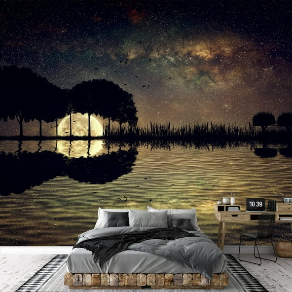 wall26 - Trees Arranged in a Shape of a Guitar on a Starry Sky Background in a Full Moon Night - Removable Wall Mural | Self-Adhesive Large Wallpaper - 100x144 inches