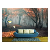 wall26 - Trees with Red Leafs in a Mysterious Fantasy Forest with Fog - Removable Wall Mural | Self-Adhesive Large Wallpaper - 66x96 inches