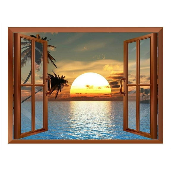 wall26 Tropical Beach Landscape with Palm Trees at Sunset View from Inside a Window Removable Wall Sticker/Wall Mural - 24"x32"