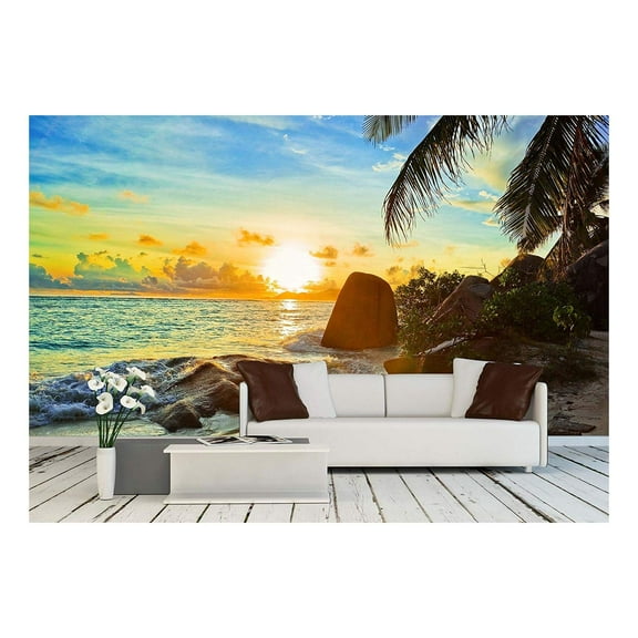wall26 - Tropical Beach at Sunset - Nature Background - Removable Wall Mural | Self-Adhesive Large Wallpaper - 100x144 inches