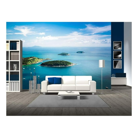 wall26 - Tropical Ocean Landscape with KOH Kaeo Island at Turquoise Ocean Waives with Boats Near Ya NUI Beach. - Removable Wall Mural | Self-Adhesive Large Wallpaper - 66x96 inches