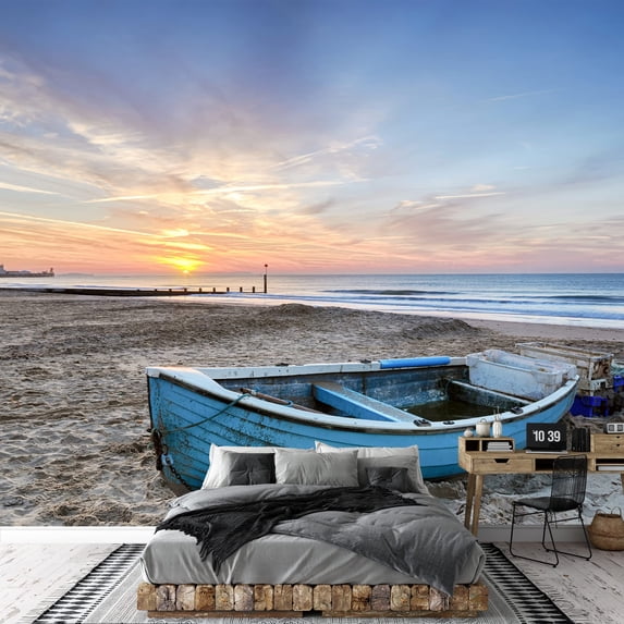 wall26 - Turquoise Blue Fishing Boat at Sunrise on Bournemouth Beach with Pier in Far Distance - Removable Wall Mural | Self-Adhesive Large Wallpaper - 100x144 inches