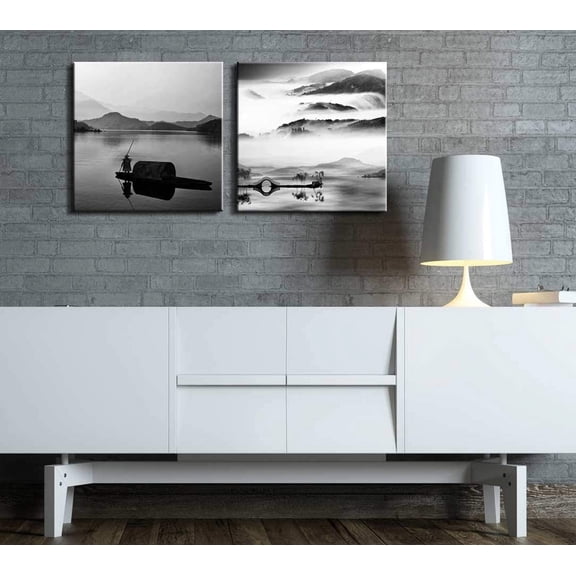 wall26 Two Piece Canvas - Black and White Lake Looking Over a Beautiful Mountain View on 2 Panels - Canvas Art Home Art - 12x12 inches
